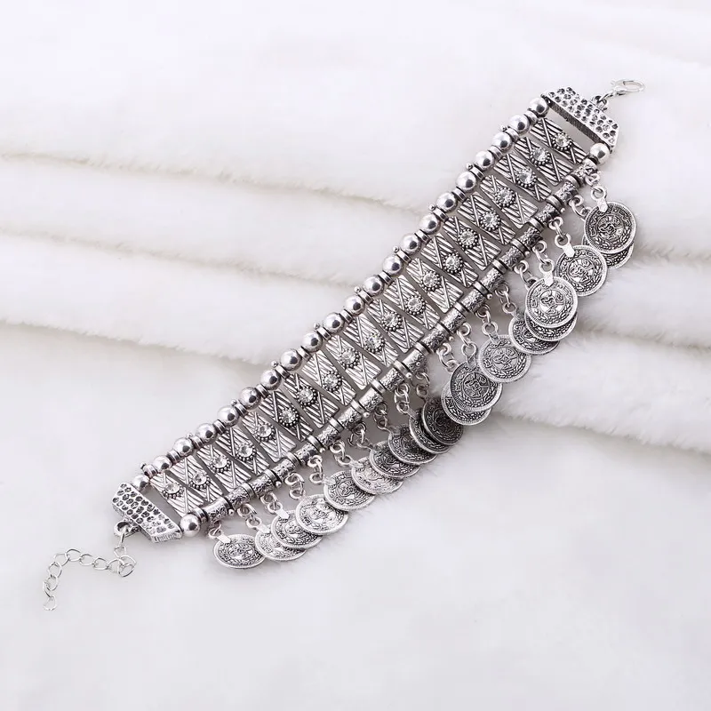 Vintage Statement Coin Tassel Bracelets Bangles for Women Fashion Metal Handmade Crystal Rhinestone Adjustable Ethnic Bracelet