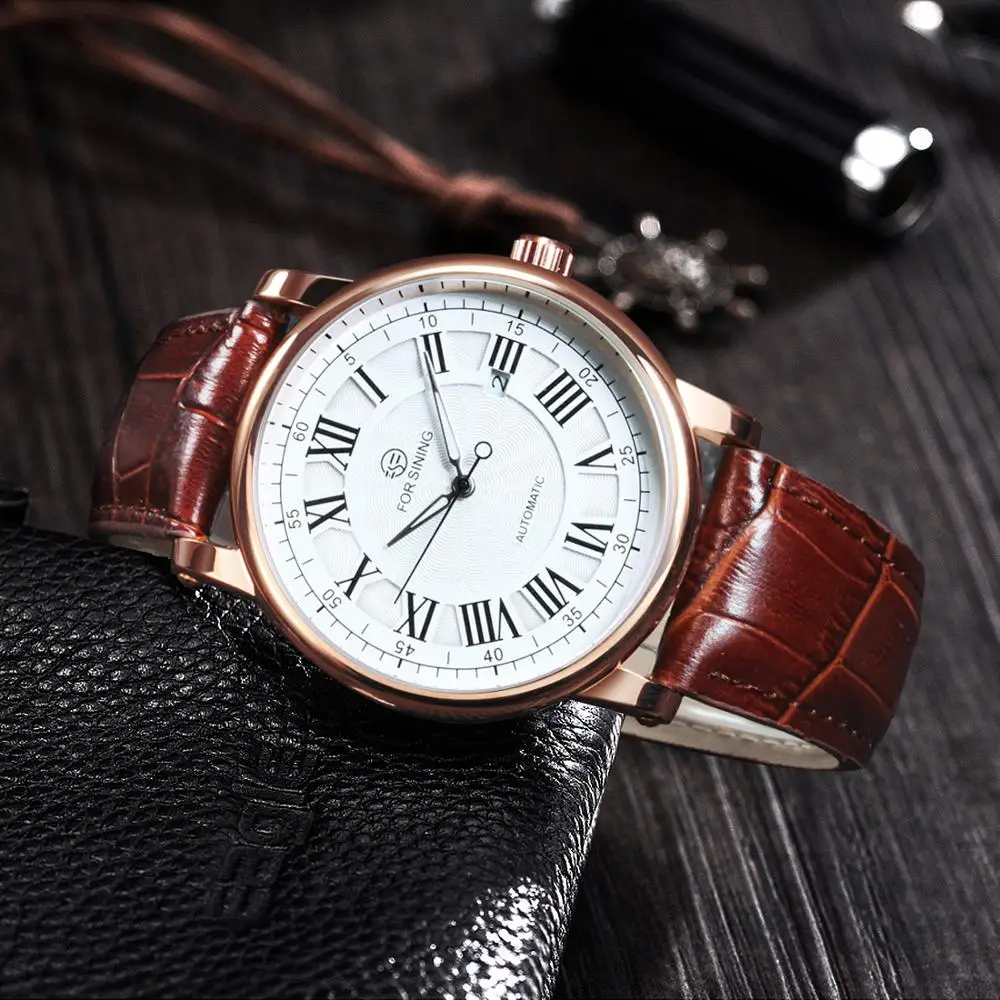 Forsining Classic Retro Automatic Mens Watch Rose Gold Case Calendar Luxury Brand Brown Leather Belt Business Mechanical Watches