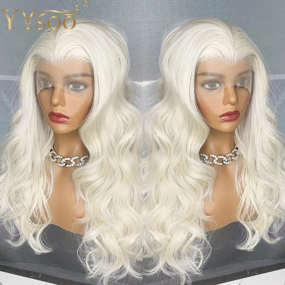 YYsoo Long 60H613 Color Synthetic Lace Front Wigs for Women 13x4 Futura Heat Resistant Fiber Hair Half Hand Tied White Wavy Wig