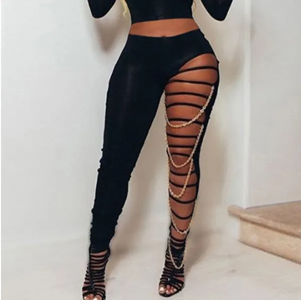 Sexy  Women’s Skinny Leggings Sexy Cutout Ripped Mid Waist Full-Length Stretchy Pants With Chain Decor