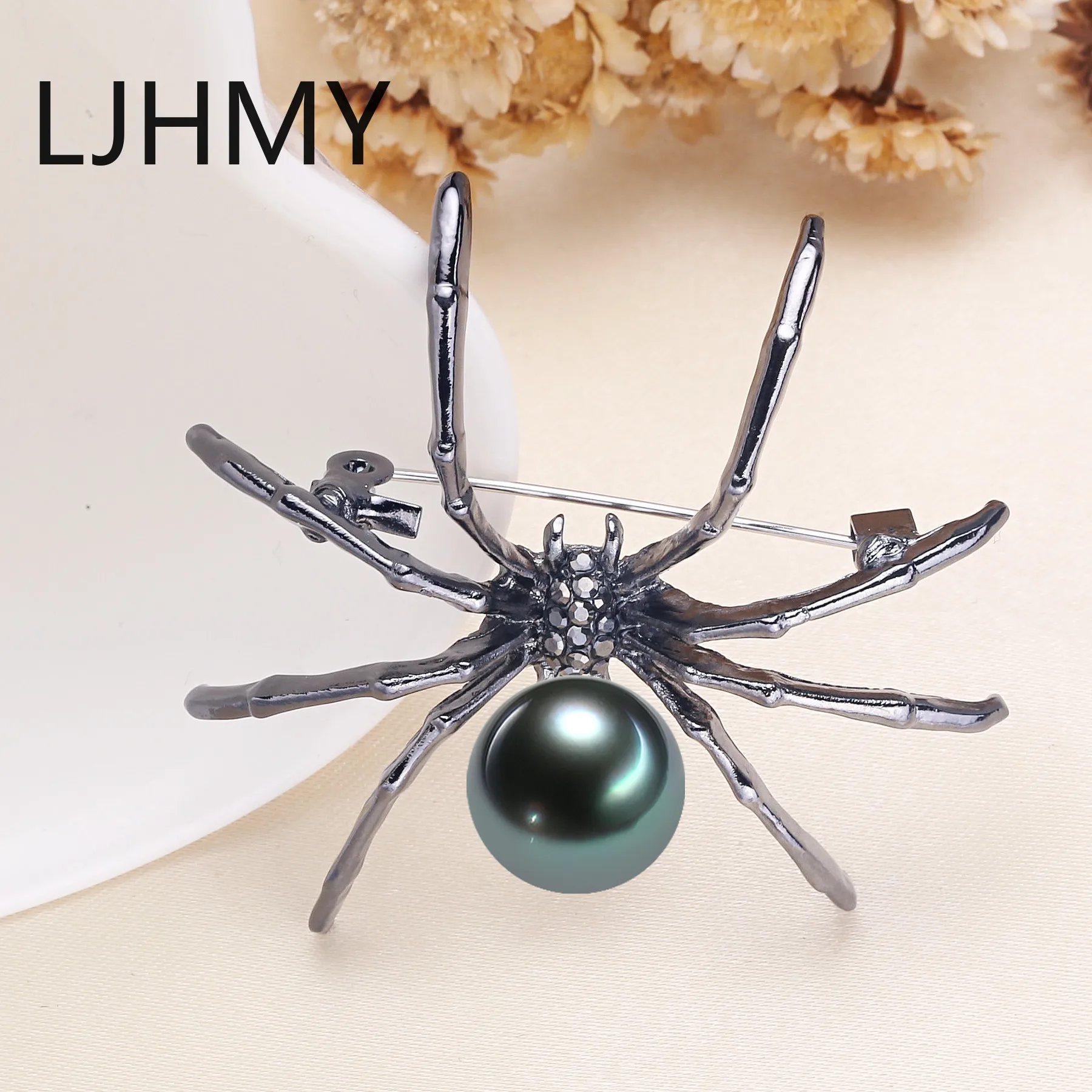 LJHMY Vintage Retro Couple Spider Brooch With Black Gray Real Freshwater Pearl 10-11mm  Animal Brooches