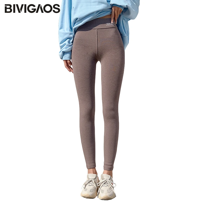 BIVIGAOS New Women Sport Letter Embroidery Cotton Leggings Autumn Winter High Waist Slim Black Pants Comfortable Warm Leggings