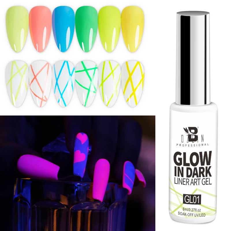 Bozlin 12 Kleuren Glow In Dark Liner Art Gel 8Ml Soak Off Uv/Led Lichtgevende Neon Kleur Gel nagellak Nail Art Tool Ontwerpen Liners