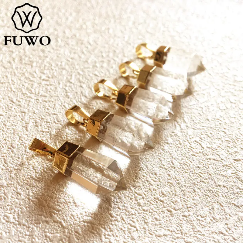 FUWO Wholesale Natural Clear Quartz Point Pendants,Golden Plated Bullet Shape Crystal Accessories For Jewelry Make 5Pc/Lot PD004