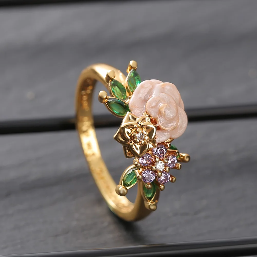 

Foydjew Exquisite Pink Rose Flower Rings For Women Gold Color Green and Purple Zircon Ring Engagement Valentine Jewelry