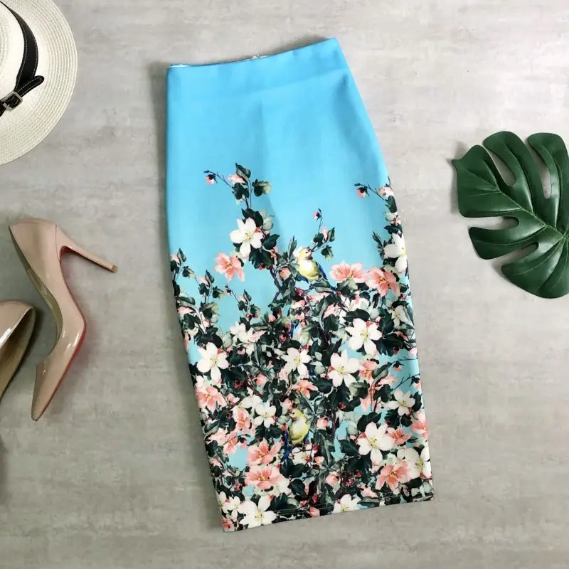 

Fashion Midi Skirt For Women Flora Printed High Waist Pencil Skirt Female Causal Flower Bodycon Skirt With Slit