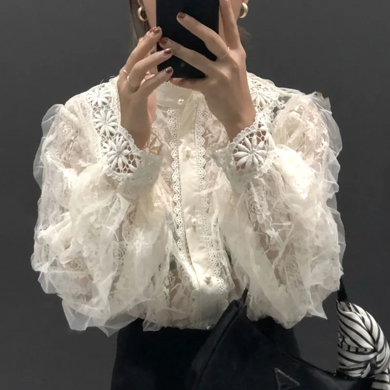 

Women Shirts New Luxury Lace Embroidery Long Ruffles Sleeved Soft Black White Party Sweety Ladies Shirts Blouse Tops NS162