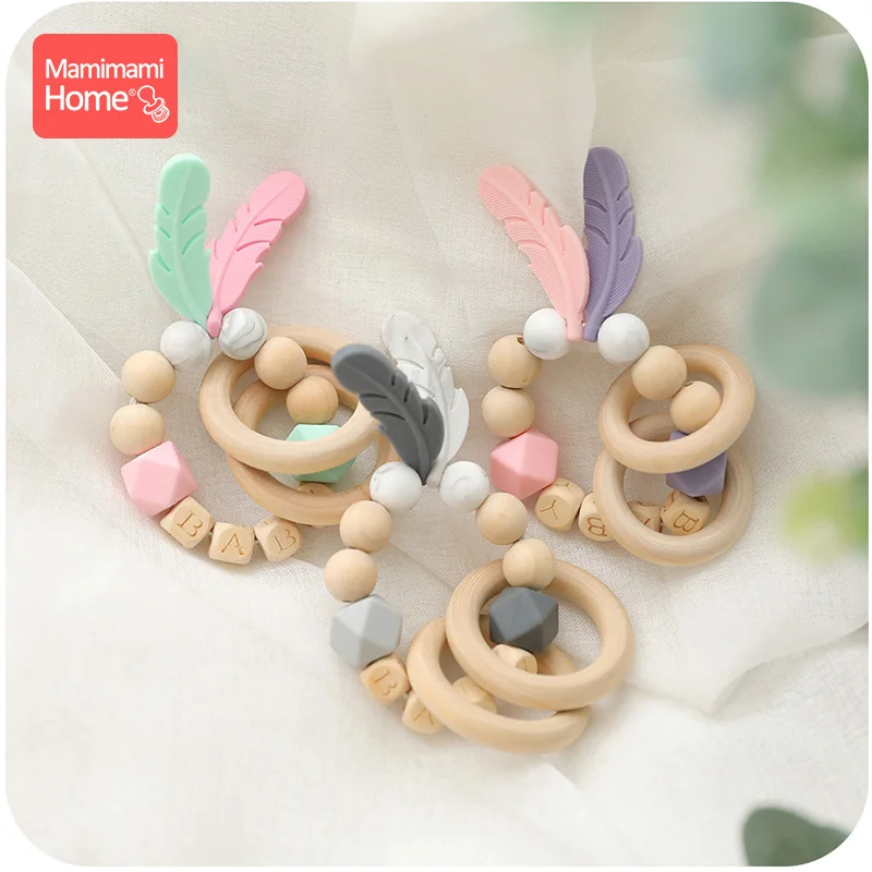 1pc Baby Teether Rattle Silicone Beads Feather Wooden Teether Tiny Rod Baby Mobile Toy BPA Free Customize Silicone Teething Toys