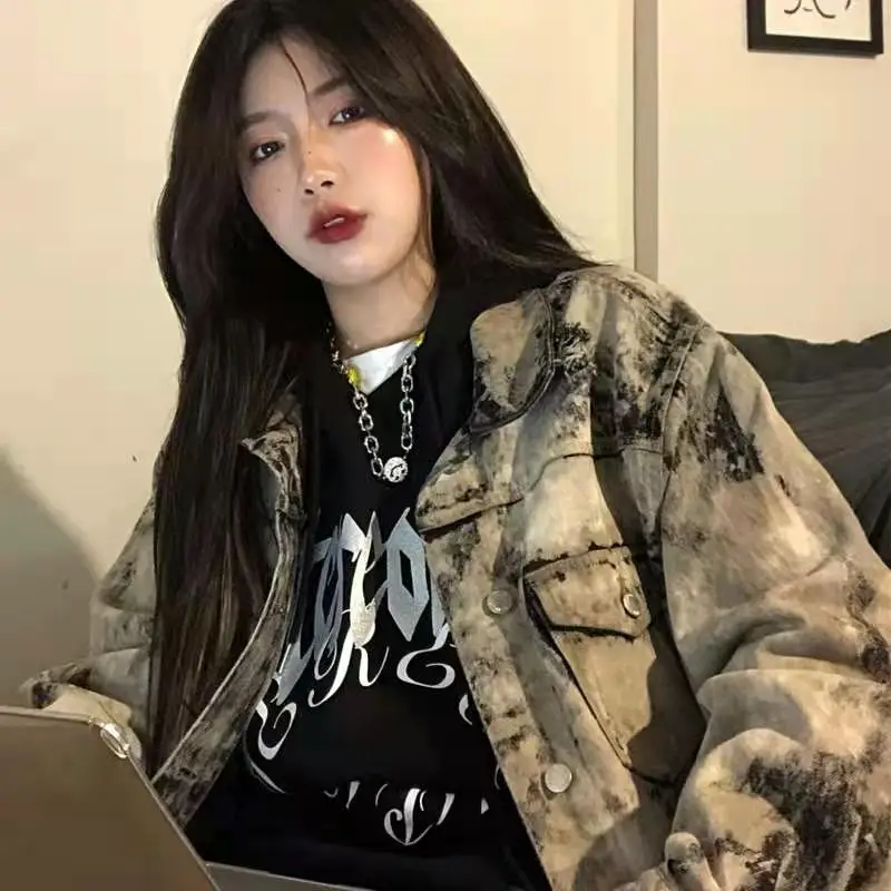 

Women coat Grey tie dyeing destroys denim coat women's 2021 spring and autumn washed loose top Women jacket