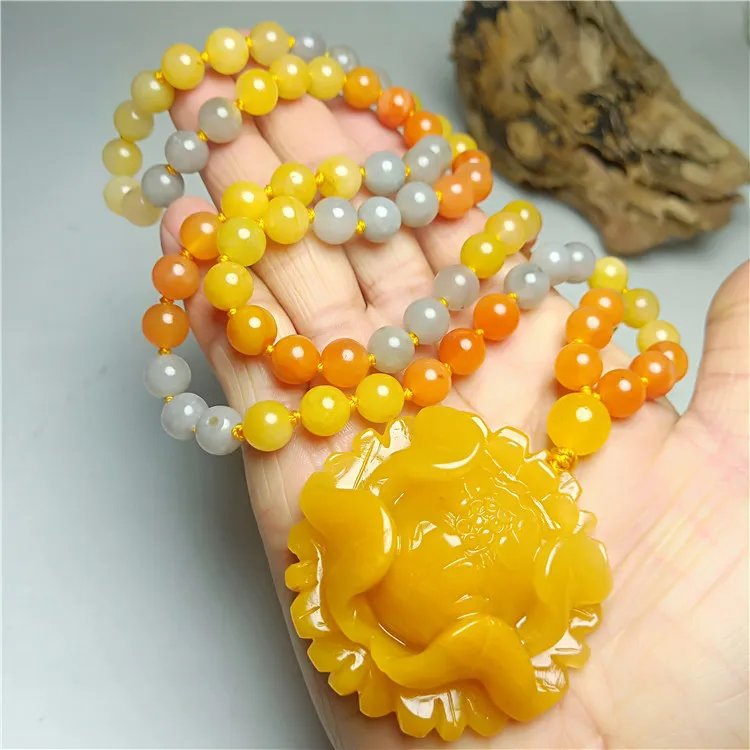 Beautiful colorful Jade Gemstone peony Pendant Hanging Amulet Mala Bead multicolour Necklace