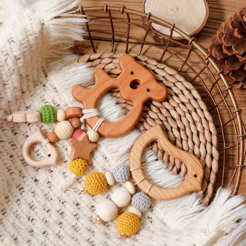 1pc Wooden Teether Baby Rodent Beech Teeth Animal Koala Pendant Mobile Music Rattle Gym Baby Montessori Bracelet Charm Pram Toys