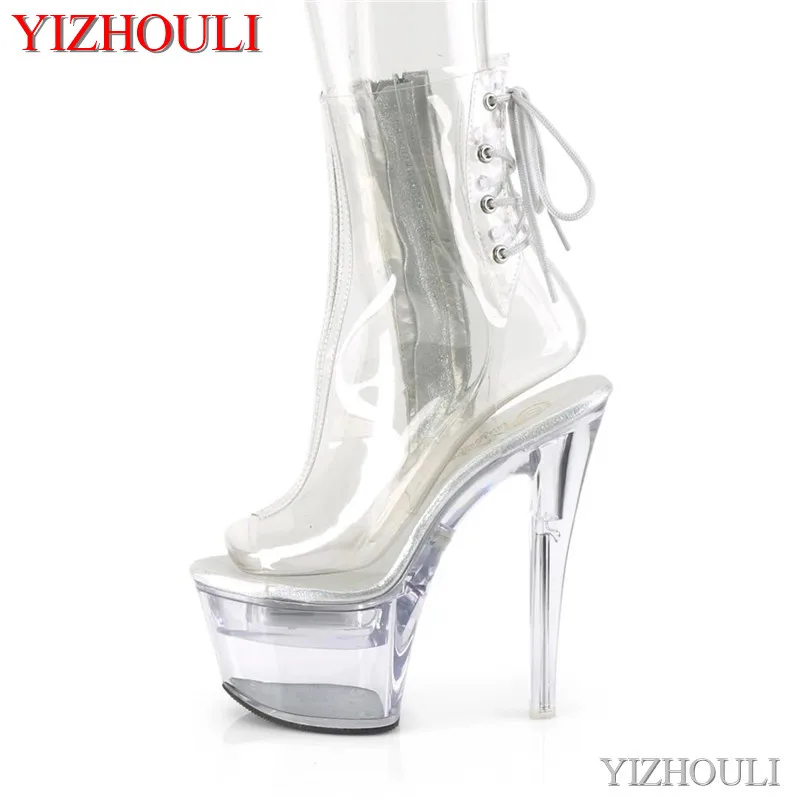 

Full transparent vamp 17cm, PU material 7 inch model stiletto heels, summer night club pole dancing ankle boots