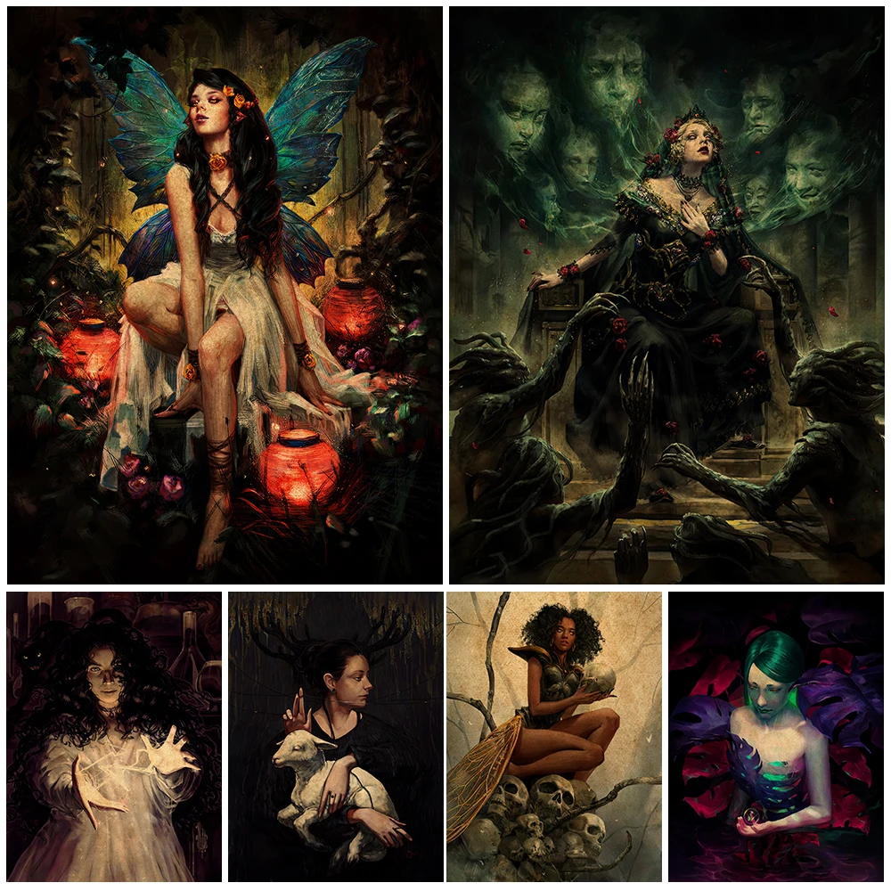 Demon Girl Monstera Art Painting The Necromancer And Natural Element Witch Poster And Prints For Living Room Decoration Unframed