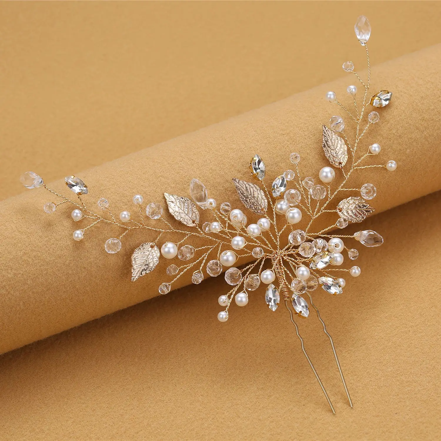 

Golden Leaf Pearl Hairpin Fashionable Alloy Bridal Wedding Hairwear Charming Jewelry Gifts for Women LL@17