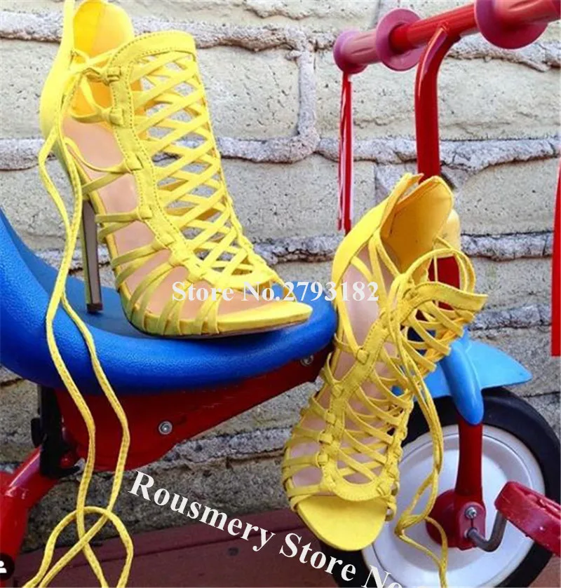 

Women Summer Cute Straps Cross Stiletto Heel Gladiator Sandals Yellow Suede Lace-up High Heel Sandals Formal Dress Heels