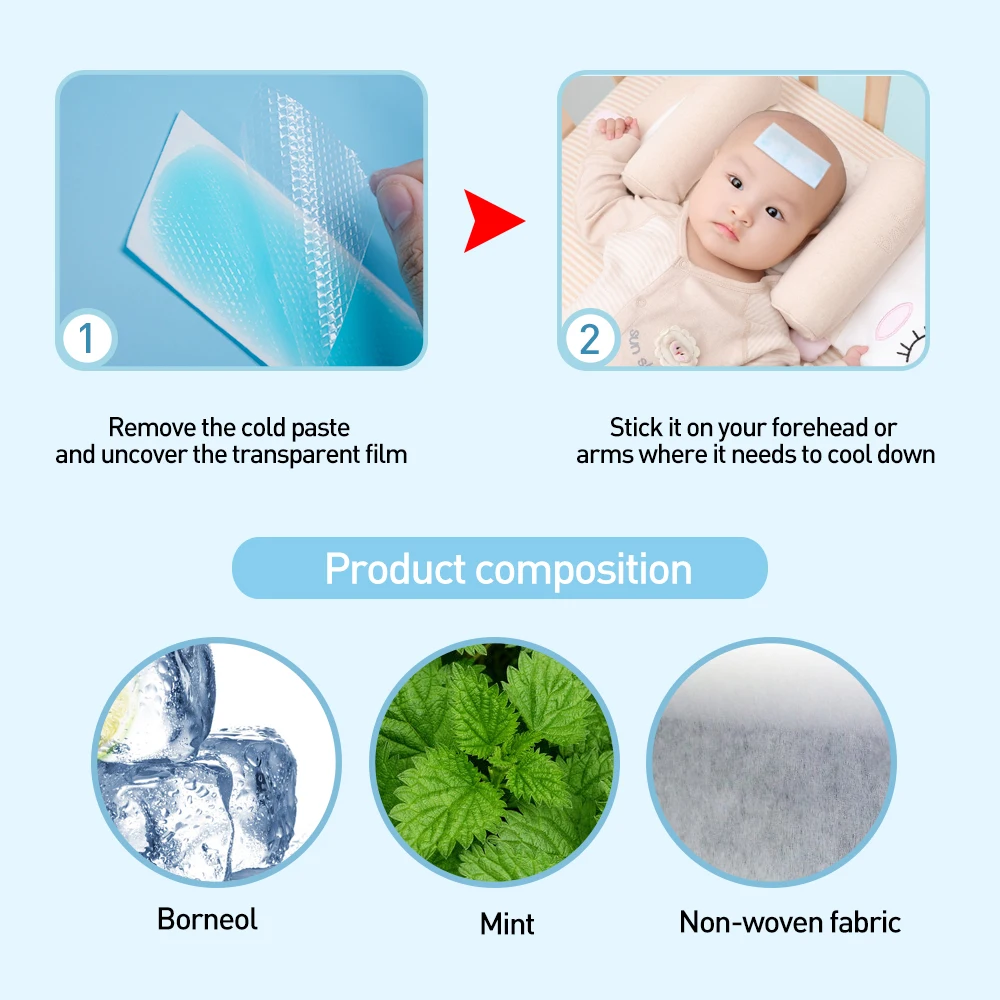 5/9/13/20Bags Baby Fever Down Cooling Patch Ice Gel Relieve Headache Dizziness Heat Stroke Care Sticker Polymer Hydrogel Plaster