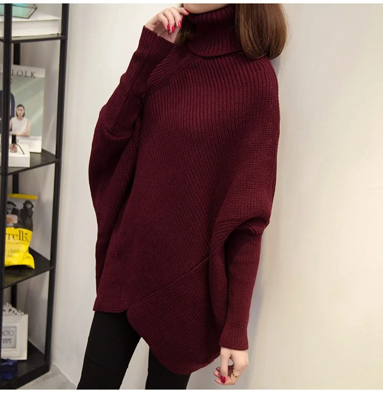 Women's Turtleneck Sweater Lapel Irregular Bat Sleeve Pullover Sweatshirt Fashion Casual Women Winter Warm  Knitwear