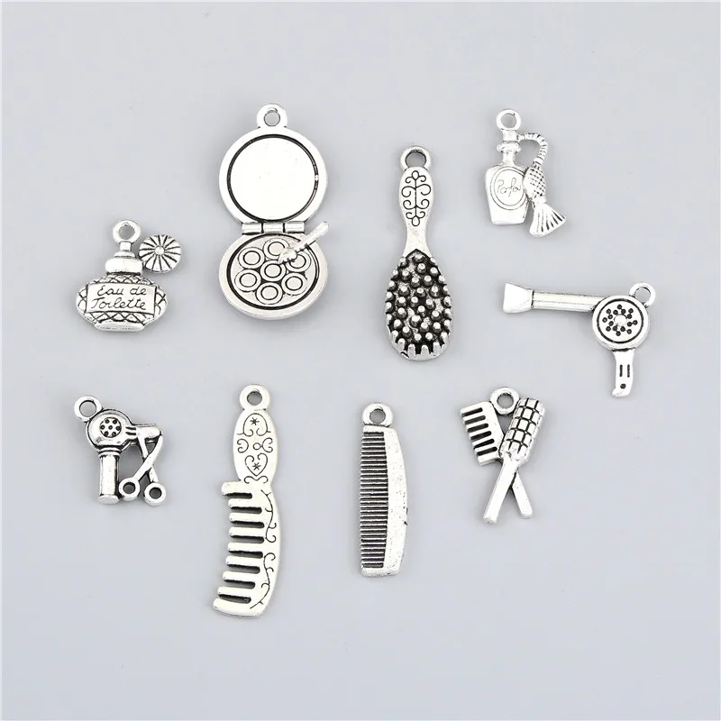 18pcs Mix Silver Color Perfume Comb Hair Dryer Charms Making Beautiful Girl Make Up Pendant Handmade Jewelry Accessories M137