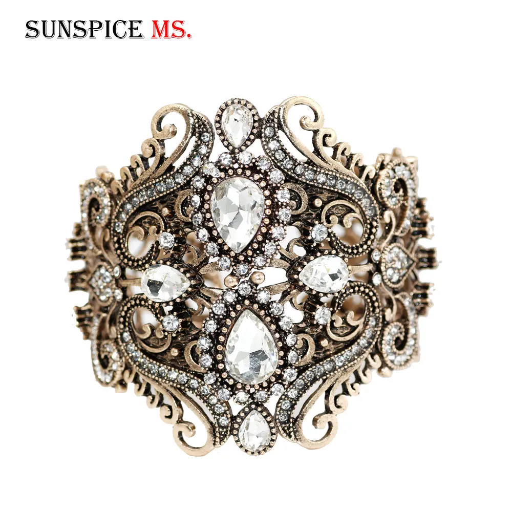 Sunspicems Retro Vintage Arabic Flower Cuff Bracelet For Women Big Crystal Bangle Leisure Jewelry Turkish Women Wedding Jewelry