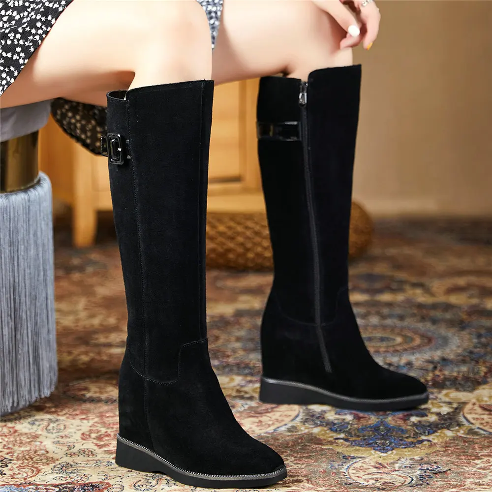 

Shoes Women Genuine Leather Wedges High Heel Knee High Boots Female High Top Winter Warm Square Toe Platform Pumps Casual Shoes