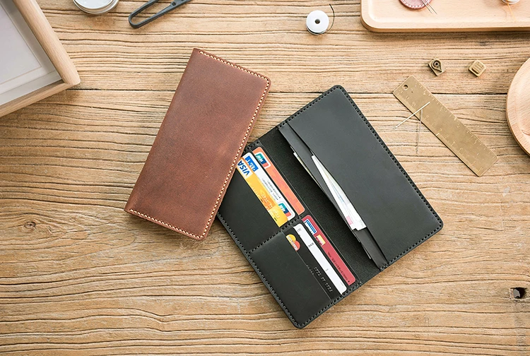Cartera de cuero genuino de Caballo loco para hombre, bolso de mano largo, monedero masculino, clips de dinero, WF226, Vintage, hecho a mano