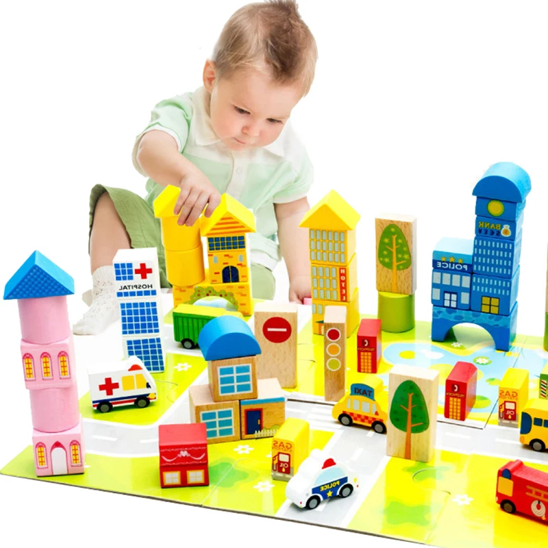 62 pezzi 3D Cartoon Building Block Giocattolo in legno Giocattolo educativo per l'apprendimento del bambino Giocattoli creativi per blocchi di traffico della città per bambini