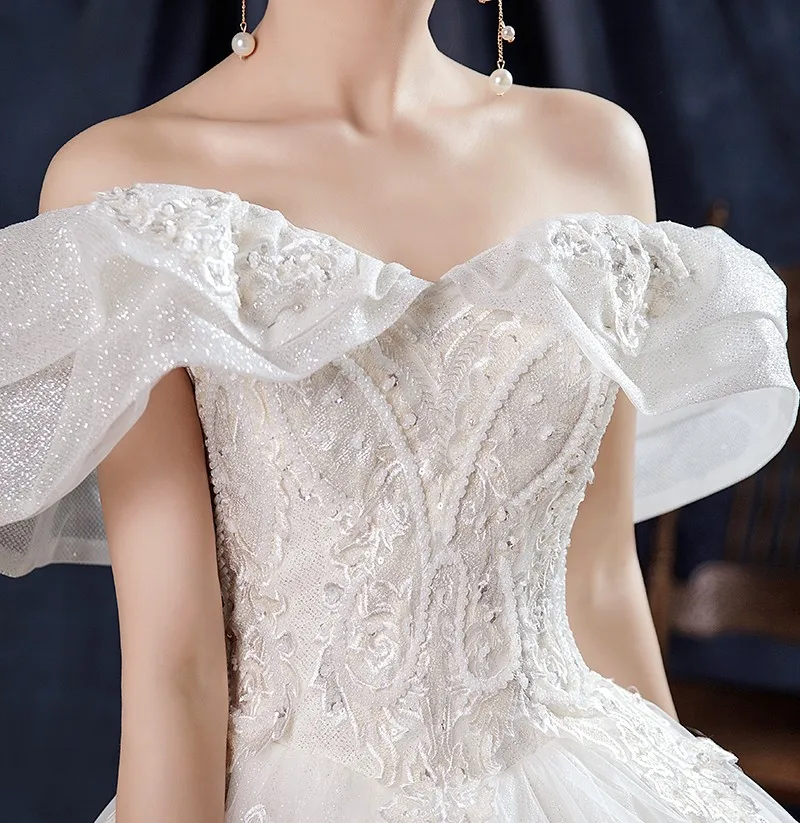 Abito da sposa con scollo a barca abito da ballo con paillettes di pizzo di lusso con spalle scoperte principessa Vestido De Noiva Plus Size Robe De Mariee