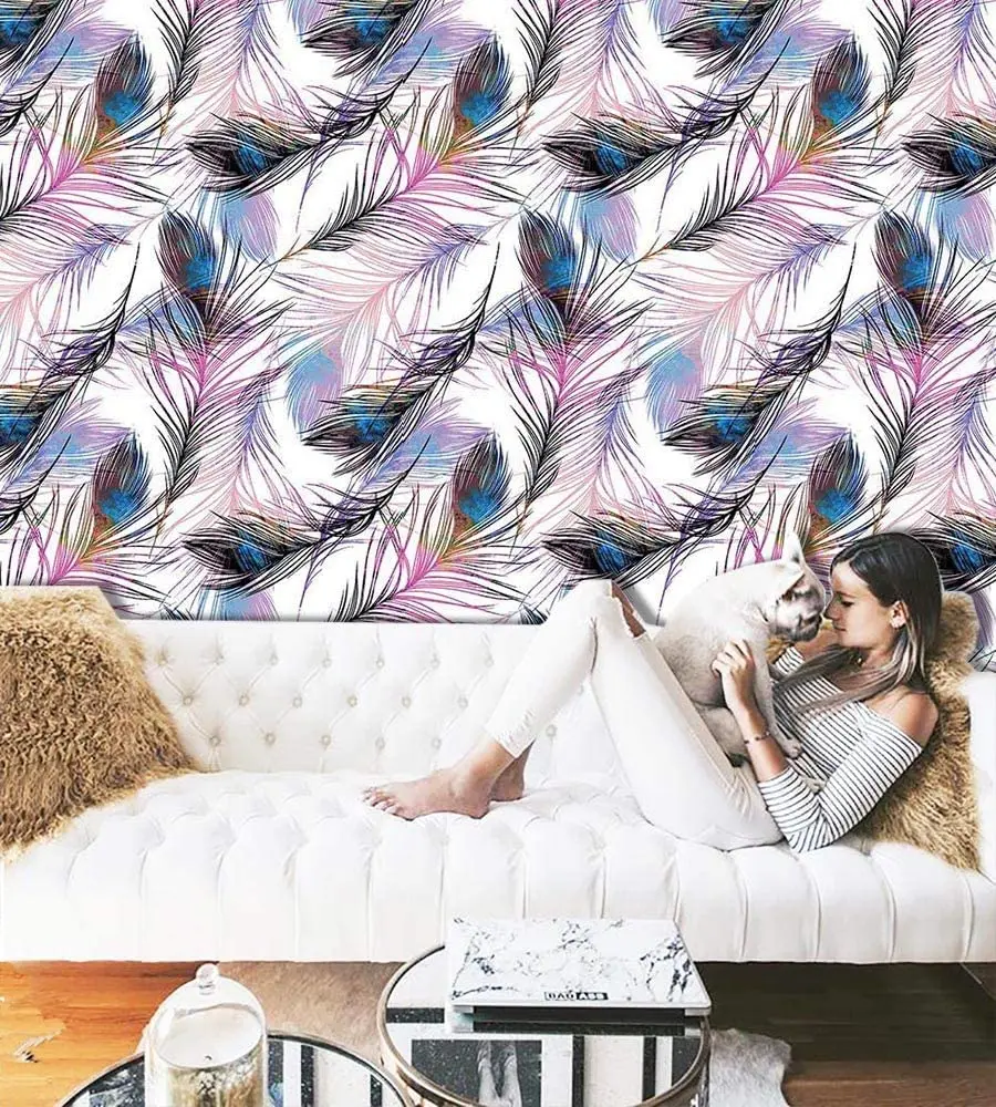 Feather Peel และ Stick วอลล์เปเปอร์ Feather รูปแบบสติ๊กเกอร์แปะผนังขนนกสีม่วงที่ถอดออกได้ Self Adhesive Wallpaper ไวนิลฟิล์ม