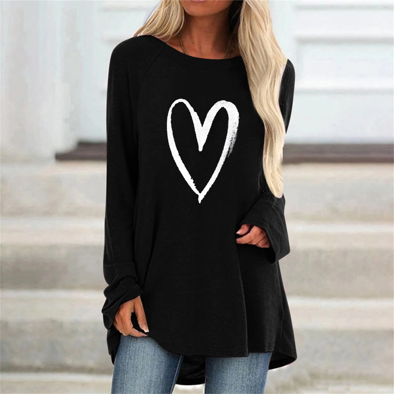 2021 Autumn Winter Loose T-Shirt Women Heart 3D Printed Tops O-Neck Long Sleeve Oversized Shirt Female Girls Harajuku Pullover