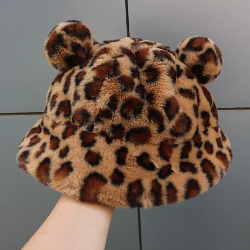Fashion Autumn Winter Leopard Fur Bucket Hat Bear Ear Ball Plush