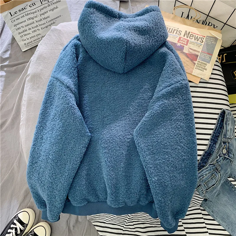 Autumn Winter Thick Coat Plus Velvet Lambskin Pullover Casual Warm Women Hoody Sweatshirt Solid Blue Tops Girl Loose Long Sleeve