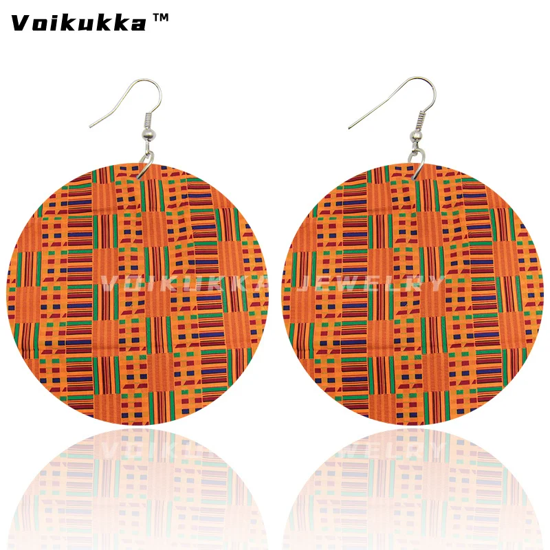 Voikukka Jewelry African Ethnic Fabric Pattern Leaf Wood Double Sides Print Round Drop Dangle Women Earrings Accessories