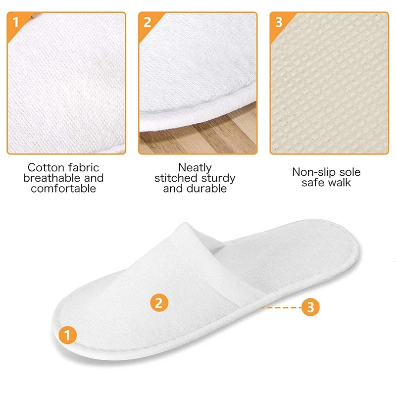 Disposable Slippers,12 Pairs Closed Toe Disposable Slippers Fit Size for Men and Women for Hotel, Spa Guest Used, (White)