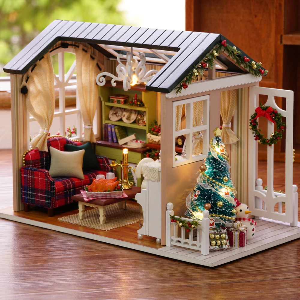 

DIY Christmas Dollhouse Mini 3D Wooden Doll House Miniature with Furniture Kit Music LED Lights Toys for Children Birthday Gift