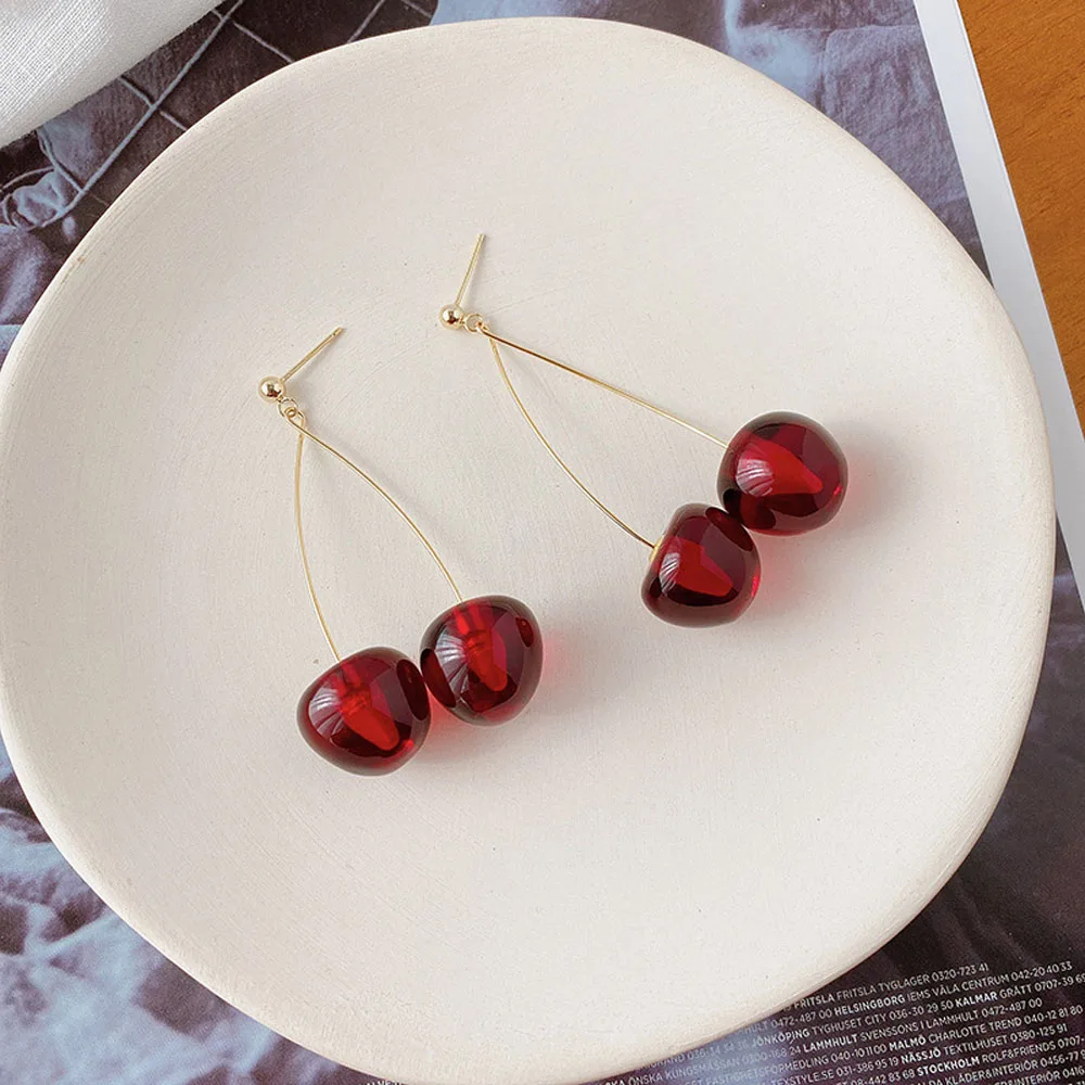 Fashion Red Cherry Drop Earring Sweet Fruit Long Earrings for Women Lady Gift Retro Jewelry Simulation Cherry Dangle Earring