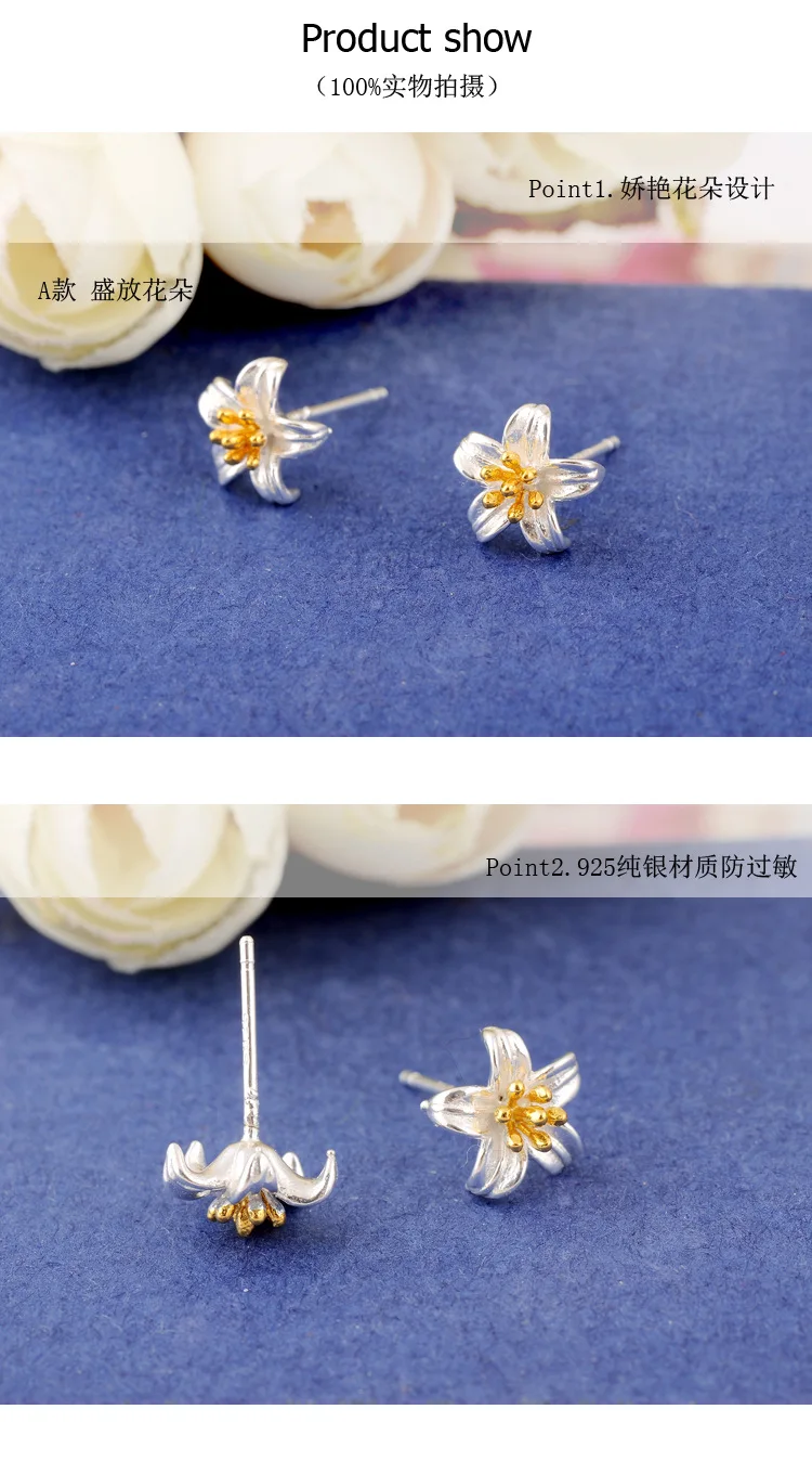 Real 925 Sterling Silver Flower Earrings for Women Girls Gift Hot Fashion sterling-silver-jewelry Women Earrings