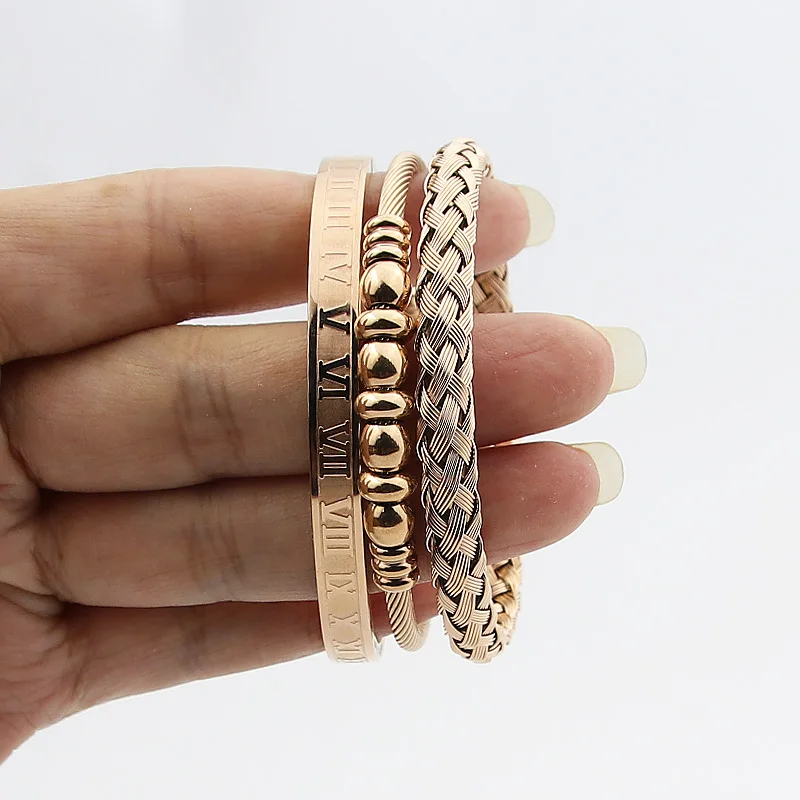 3 Pieces/Set Of Fashion Jjewelry Stainless Steel Roman Numerals Beaded Bangle Woven C-Shaped Open Bracelet For Women Wholesale