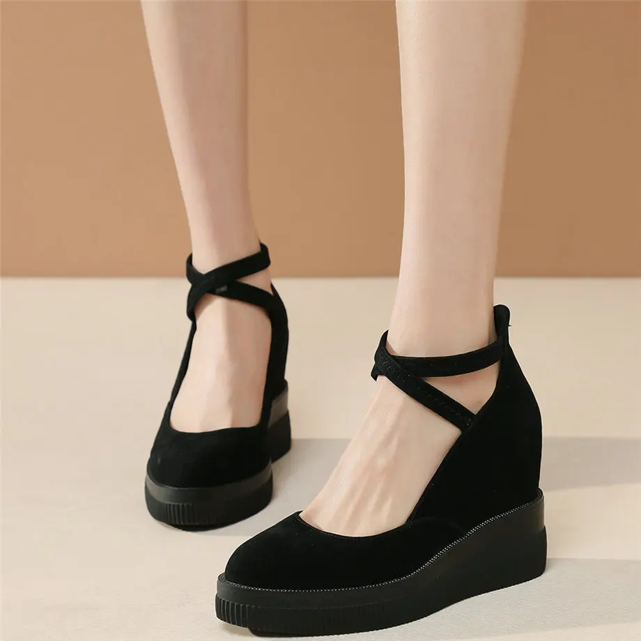 

Ankle Cross Straps Mary Janes Women Genuine Leather Wedges High Heel Pumps Shoes Female Round Toe Platform Oxfords Casual Shoes