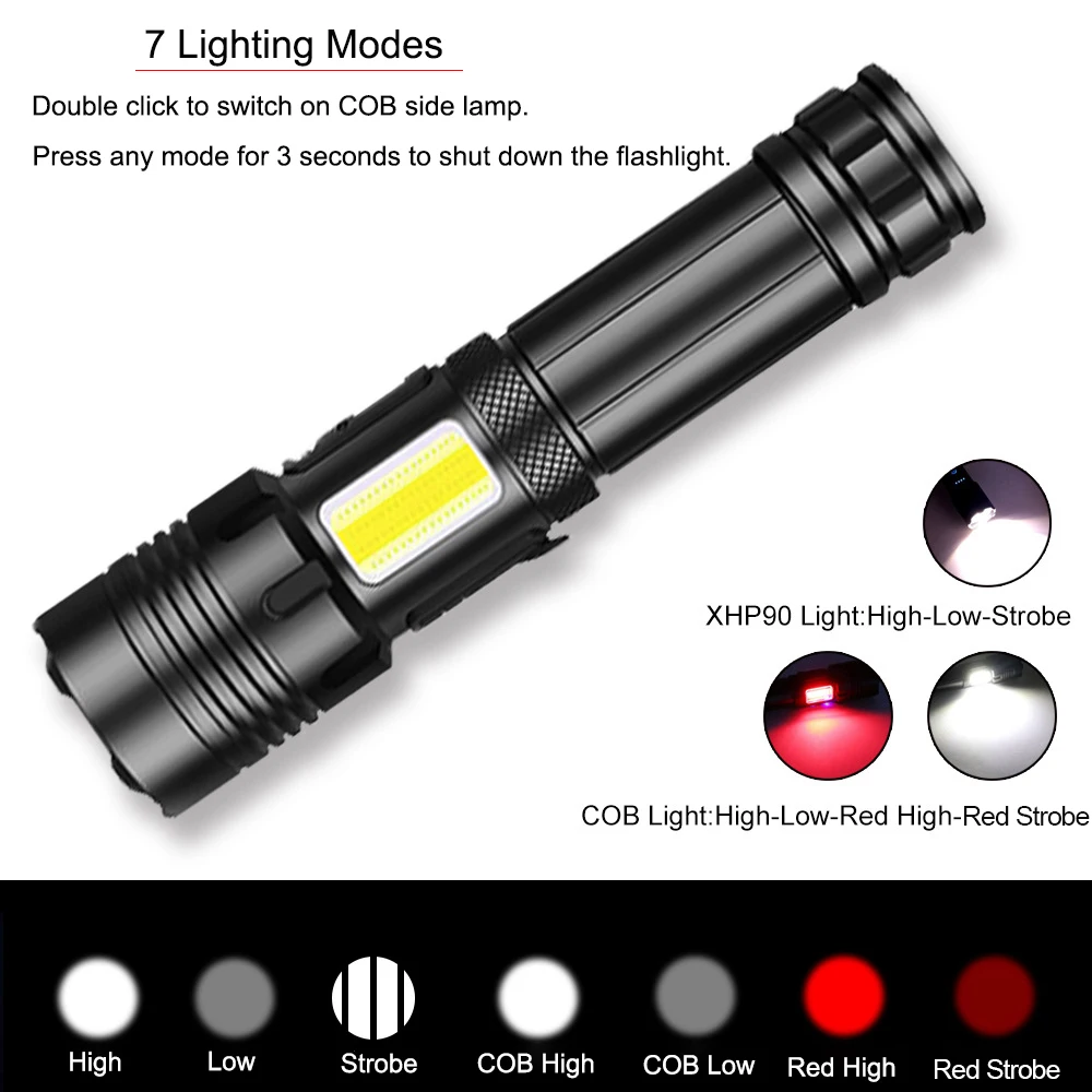 High Power XHP160/360 +COB Side Light Super Bright Flashlight 7 Modes IPX67 Waterproof Powerful USB Rechargeable Torch