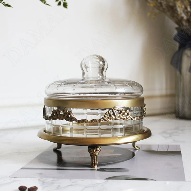 

European Glass Storage Jar with Lid Brass Frame Decorative Cosmetic Container Living Room Desktop Candy Jars Home Decoration