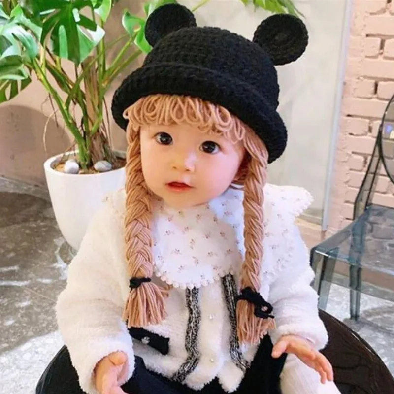 Cute Baby Girl Boy Bucket Hat Hair Pigtail Braid Wig Cap Winter Warm Crochet Knitted Children Kids Girls Hats and Caps Black