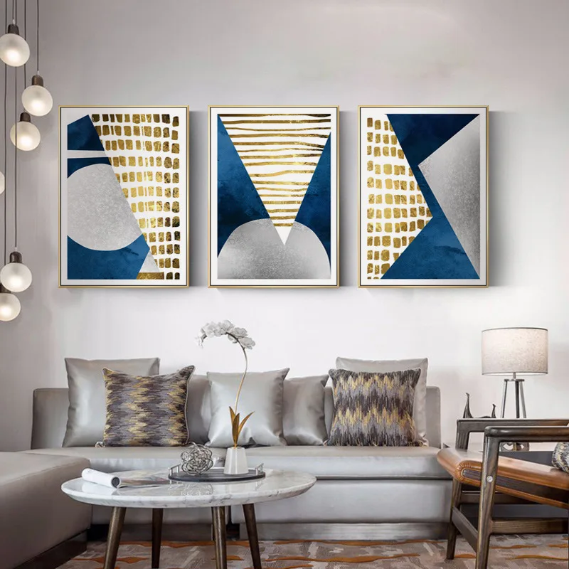 Modern Abstract Blue Gold Moon Painting Geometry Mountain Canvas Poster Art Wall Picture for Living Room Unframed