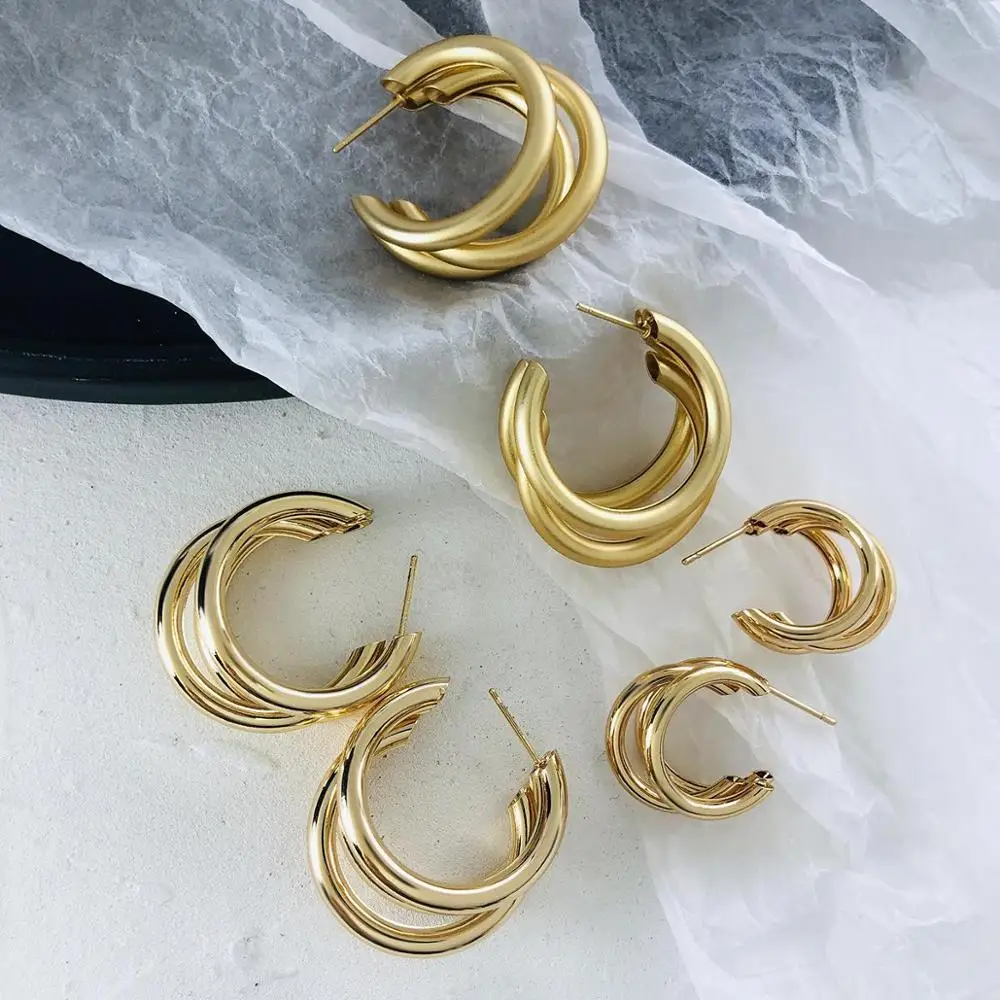 AENSOA Minimalist 2024 Metal Hoop Earring for Woman Trendy Triple Metal Tube Open Circle C Shaped Statement Earrings brincos