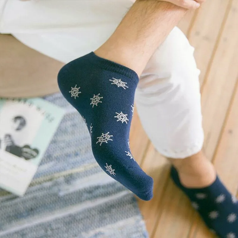 5 Pairs Men Navy Socks Fashion Breathable Stripe Anchor Star Snow Male Spring Summer Boat Socks Comfortable Cotton Ankle Socks