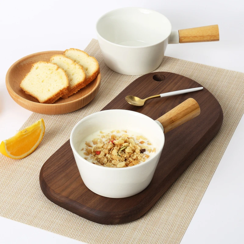 

Японская миска для лапши Lamian, белая простая деревянная ручка, миска для завтрака, домашняя милая посуда, керамическая салатница с бамбуковой ручкой