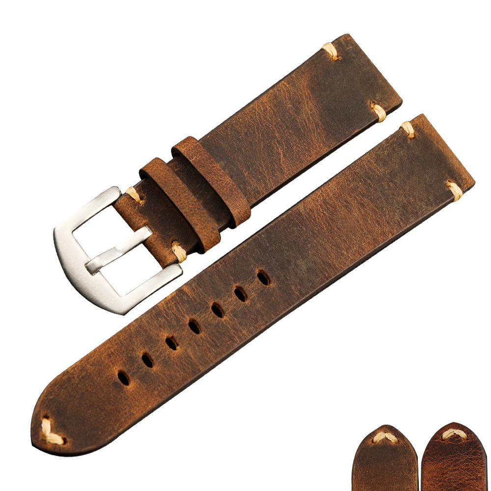 Handmade Crazy Horse Leather Watchband, 18 19 20 21 22MM Retro First Layer Leather Strap, Suitable for Military Watches