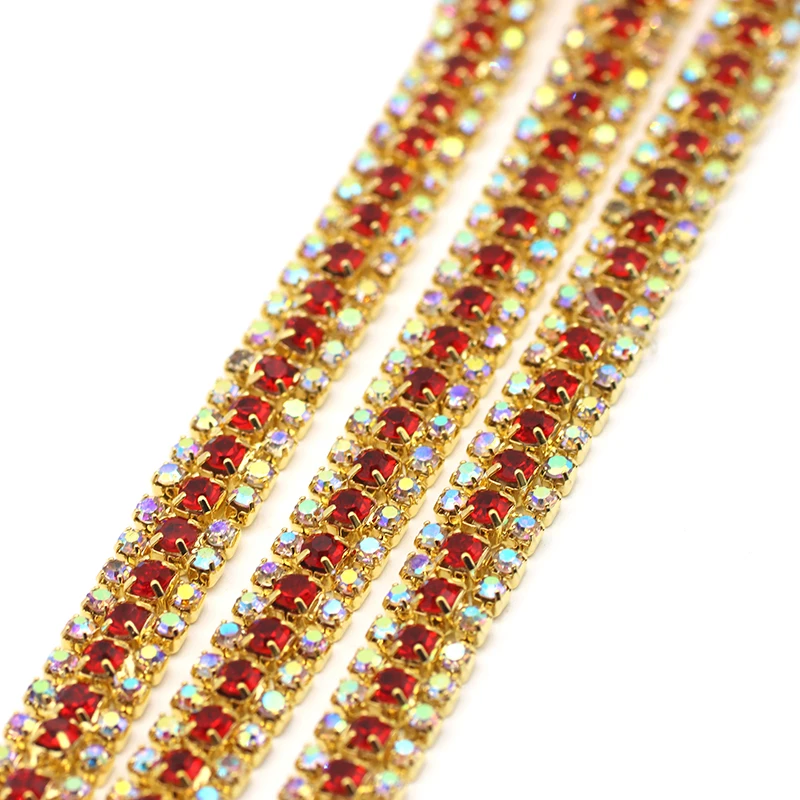 1 yard 3 Rows Crystal red AB Rhinestone Cup Chain Gold Base Sew on Rhinestone Trim for DIY Wedding Dress Bags cloth Decoration