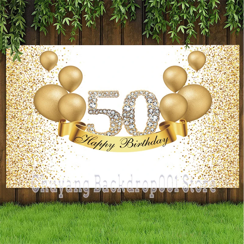 Gold 50th Photo Backdrop Lady Men Happy Birthday Party Decoration Dot Light Balloon Diamond Photography Backgrounds Banner