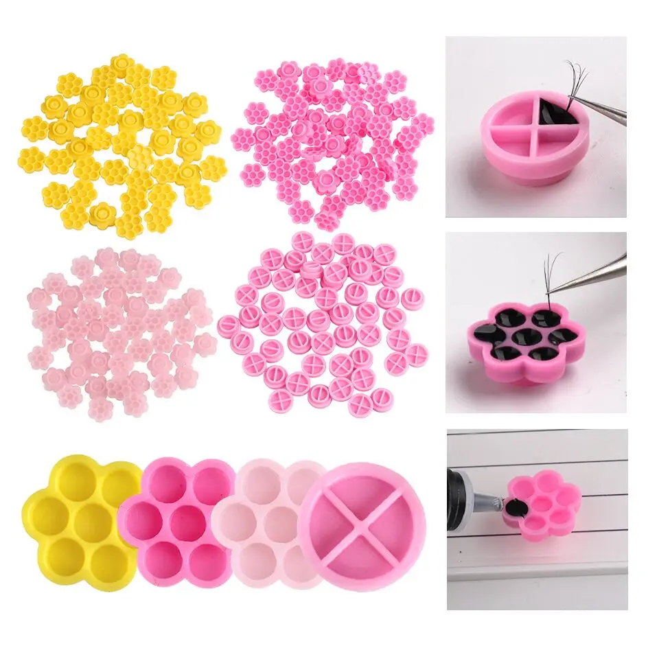 THINKSHOW 100pcs/bag False Eyelash Extension Blooming Pink Yellow Cup Glue Holder Flower Plum Shaped Eyelashes Accessories Lash