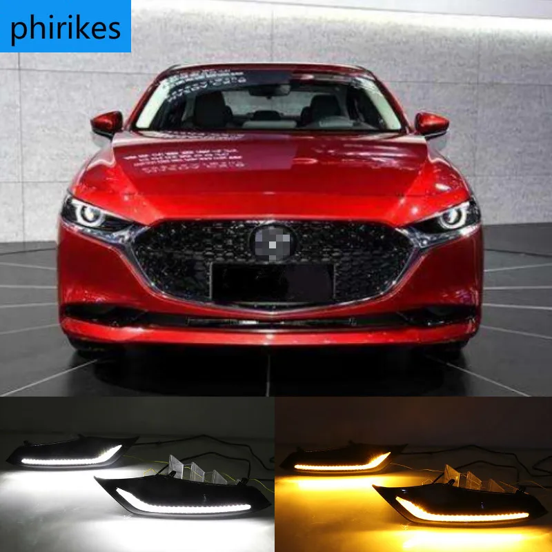 

2 шт. LED DRL для Mazda 3 Axela 2019 2020 светодиодный Вождение автомобиля противотуманные фары светильник противотуманных фар с потоком желтым сигналом поворота